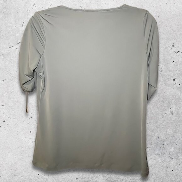 Carmen Marc Valvo Blouse Ruched Sleeves Adjustable Ties Round Neckline Green W S - Picture 2 of 8